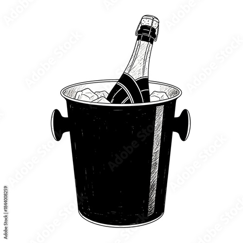 Black and white illustration of a champagne bottle in an ice bucket for celebration