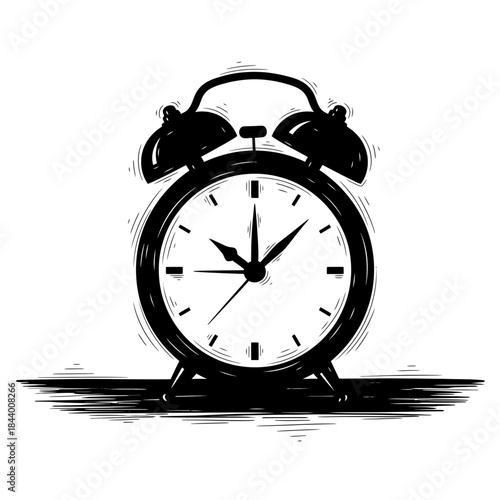 Black and White Illustration of an Alarm Clock with a Panda Face on Top
