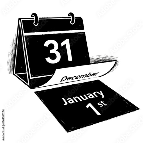 Black and White Desk Calendar Showing December and January Dates with Pages Flipping Over