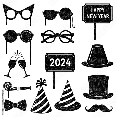 Collection of New Year celebration accessories including glasses hats and signs for 2024