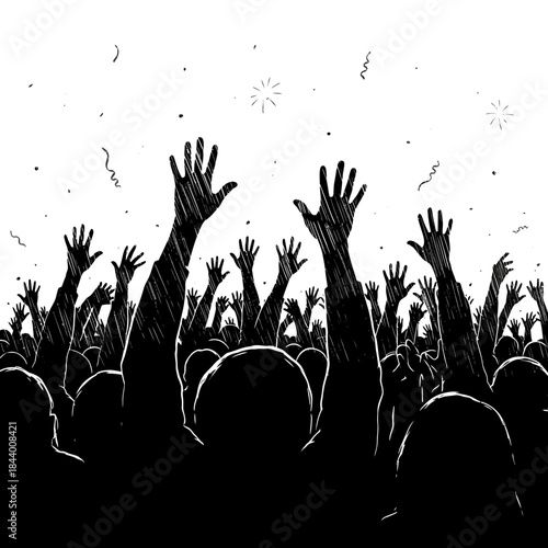 Crowd of enthusiastic people raising hands at concert or event in silhouette style