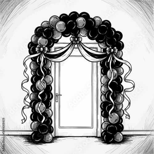 Decorative balloon arch and floral arrangement for celebration or event entryway