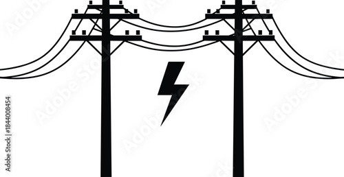 Silhouette illustration of electrical utility power poles with overhead cables and lightning symbol representing electricity, energy transmission, voltage and power infrastructure concept