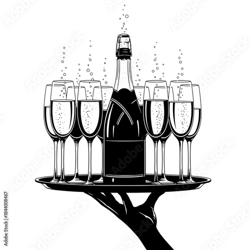 Elegant celebration scene with a classic champagne bottle and six filled glasses on a silver tray