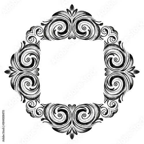 Elegant black and white intricate swirling ornamental frame design for decoration or framing