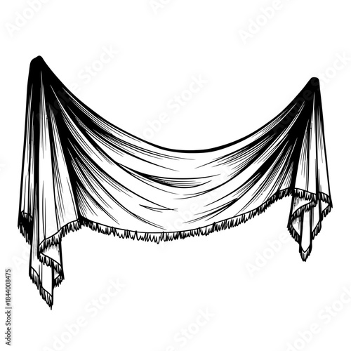Elegant draped fabric curtain with flowing folds and decorative trim for sophisticated interior