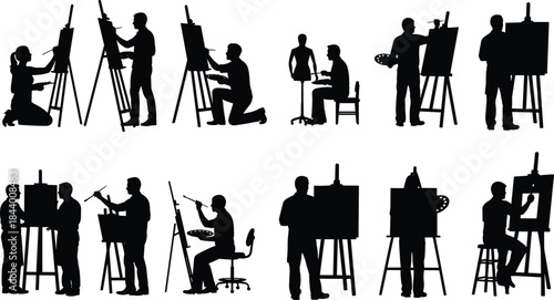 Artists Painting Silhouettes Set, Showing People Engaged in Creative Art Activities with Easels and Brushes, Isolated Vector Illustration for Hobby and Fine Art Concepts