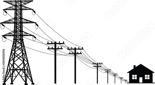 Silhouette illustration showing electricity transmission from high-voltage power tower through utility poles delivering electrical energy distribution to residential house infrastructure