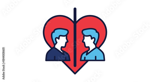same sex couple separated by dividing line inside red heart icon flat lgbt relationship conflict illustration for breakup and divorce concepts