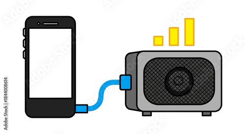 smartphone connected to an external speaker with sound bars illustrating mobile audio output and device wired connection technology.
