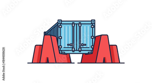 shipping container secured by plastic traffic barriers flat vector illustration for logistics safety transport regulation and roadblock design