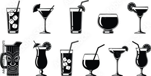 Cocktail drink glass silhouette vector set, bar alcohol beverage icons, mixed tropical drinks collection for restaurant menu and lounge party design