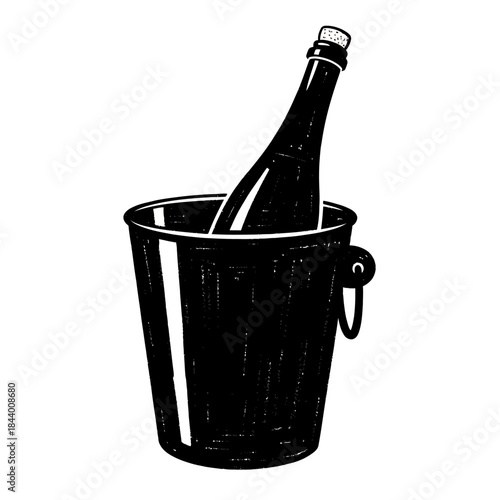 Stylized black and white illustration of a champagne bottle in an ice bucket emphasizing