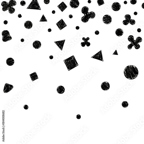 Abstract black geometric shapes scattered randomly over a white background for modern design