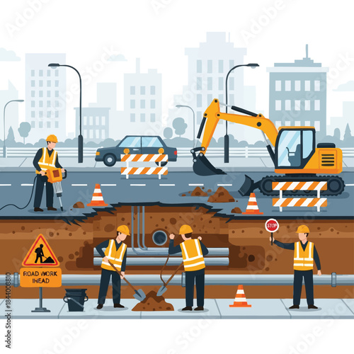 Construction workers repairing road with excavator on city street.