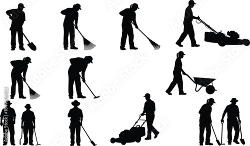 Silhouette illustration of landscaping workers performing multiple gardening tasks such as raking, shoveling, mowing, pushing wheelbarrow and maintaining outdoor yard areas