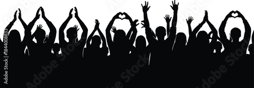 Audience or crowd of people cheering, clapping and raising hands in the air, expressing excitement, joy, or love sign, concert, stadium, or public event silhouette vector