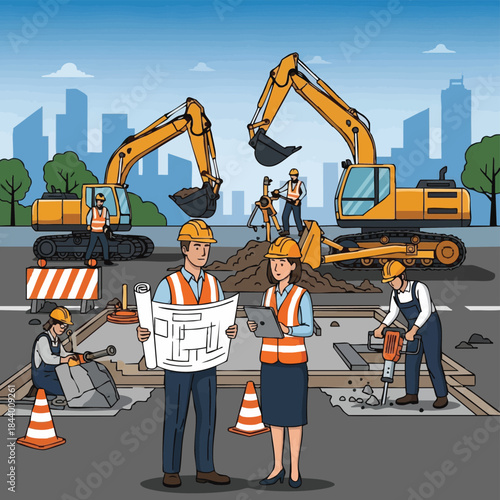 Construction site workers with excavators and blueprints.