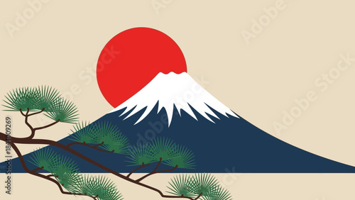 Stylized Mount Fuji Sunrise with Traditional Pine Branch Illustration