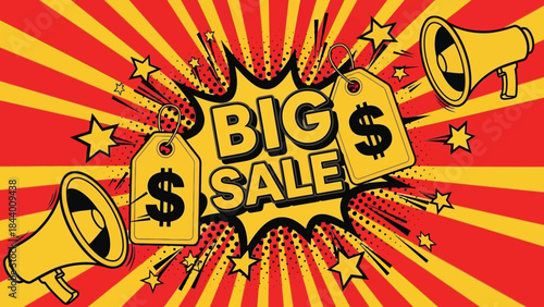 BIG SALE explosion with price tags and megaphones