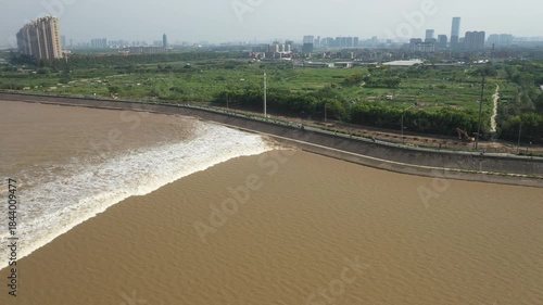 Aerial view of Tides on the Qiantang River in China. High quality 4k footage