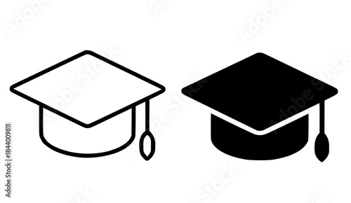 Icon for education, graduation cap illustration, black and white, outline and silhouette versions
