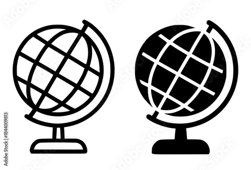 Icon for education, globe illustration, black and white, outline and silhouette versions