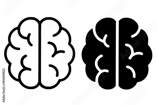 Icon for education, brain illustration, black and white, outline and silhouette versions