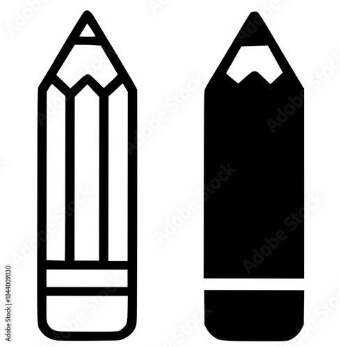 Icons for education, pencil illustrations, black and white, outline and silhouette versions
