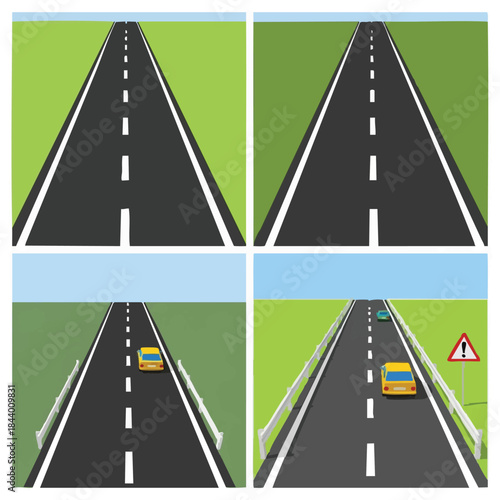 Four illustrations showing different perspectives of a road with a yellow car and traffic signs.