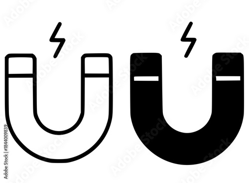 Icon for education, magnet illustration, black and white, outline and silhouette versions
