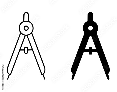 Icon for education, drawing compass illustration, black and white, outline and silhouette versions