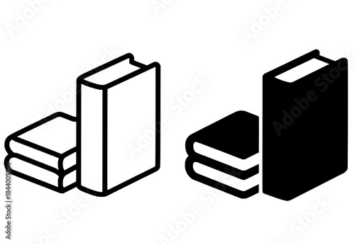 Icons for education, illustrations of several books, black and white, outline and silhouette versions