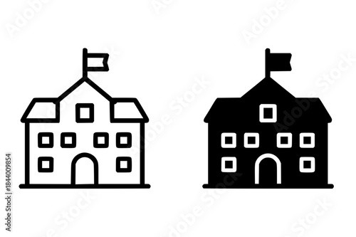 Icons for education, school building illustrations, black and white, outline and silhouette versions