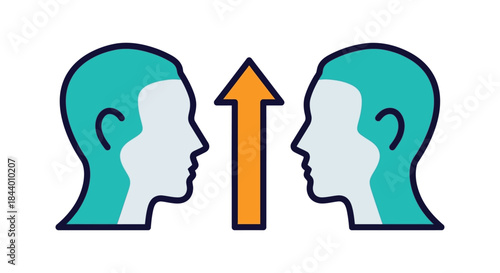 stylized human profiles facing upward arrow symbolizing communication personal and professional growth and positive interaction.