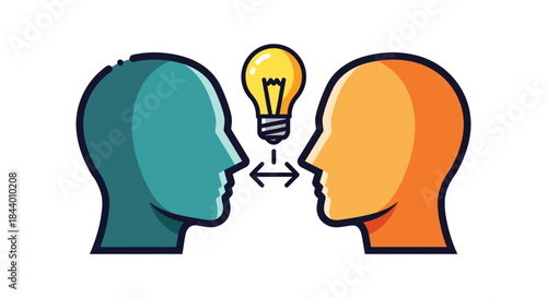 stylized heads facing exchanging ideas via a lightbulb symbolizing creative collaboration thoughtful communication and shared innovation.