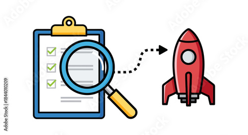 strategic project planning and successful launch a checklist reviewed by a magnifying glass leading to a red rocket symbolizing business execution rapid growth and goal achievement.