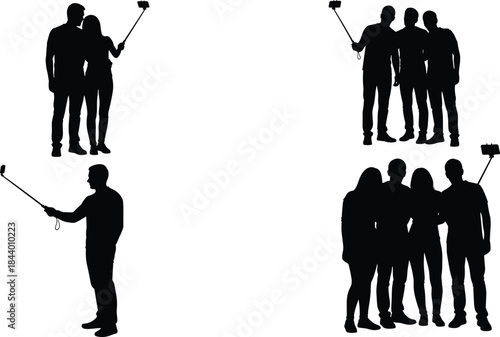 Silhouette illustration of individuals and groups using selfie sticks to take photos, capturing memorable moments and expressing modern social lifestyle activities