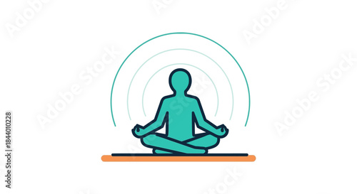 stylized meditation icon person in lotus position on a mat with radiating energy arcs symbolizing mindfulness inner peace and mental well-being.