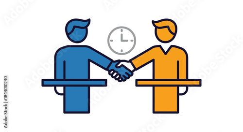 stylized business people handshake with clock symbolizing timely agreement partnership deal completion and negotiation deadlines.