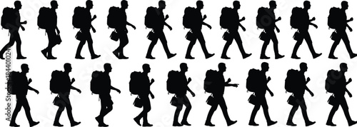 Backpacker Walking Animation Sequence Silhouettes Man with Large Hiking Backpack Moving Forward in Various Stride Steps for Sports and Outdoors Projects