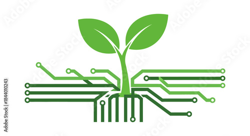 sustainable technology plant featuring green leaves and circuit board roots symbolizing eco-friendly innovation and agritech development.