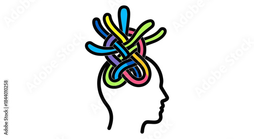 tangled thoughts in human head silhouette colorful abstract brain lines symbolizing anxiety mental health and emotional overwhelm concept