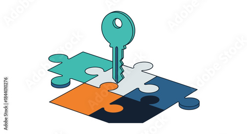 teal key inserted into four colorful interlocking puzzle pieces illustrating core business solutions strategic planning teamwork and success concept.