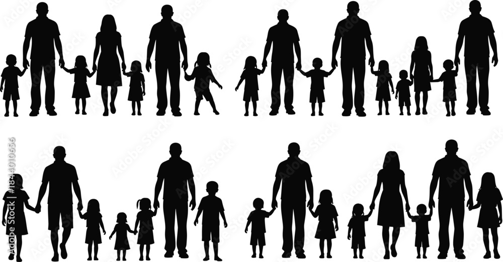 Obraz premium Silhouette illustration of multiple families holding hands with parents and children representing unity, bonding, love, support and family relationship concept
