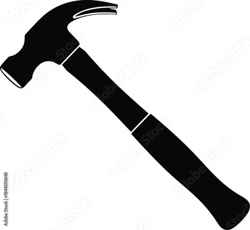 Black hammer silhouette icon, construction tool illustration, carpentry equipment graphic for repair, building, renovation, hardware store design element
