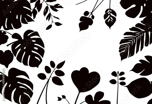 Dark silhouettes of various tropical leaves on a white background, showcasing intricate leaf shapes and textures,  pattern,  texture