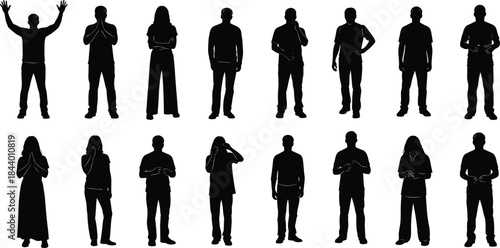 Silhouette people standing in multiple poses, diverse human figures illustration showing gestures, expressions, postures, modern lifestyle concept for design and creativity