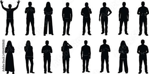 Silhouette people standing in various poses, diverse human figures illustration showing gestures, expression, posture, casual lifestyle concept for graphic design