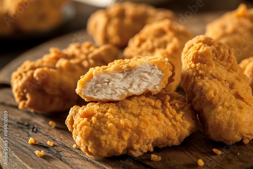 Crispy golden brown chicken nuggets piled high on a rustic wooden board, one is cut open